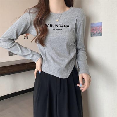 Frans T-shirt met ronde hals en lange mouwen voor dames in de lente en herfst Nieuw designgevoel Irreguliere effen kleur Kort slank bedrukt topje 2XL grijs