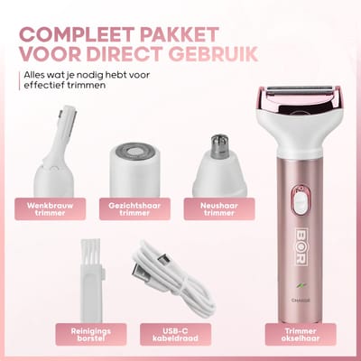 BOR® Epilator - Rose met Wit - Ontharingsapparaat - 4 Opzetstukken - Epilator Dames - Usb Oplaadbaar