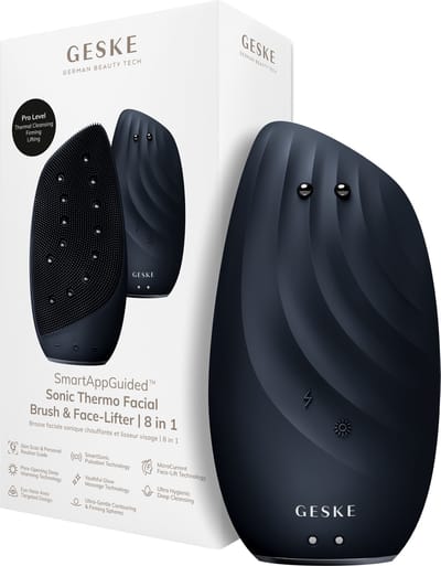 GESKE | SmartAppGuided™ Sonic Thermo Facial Brush & Face-Lifter | 8 in 1 | Huidreiniging & anti-rimpel | Siliconen elektrische reinigingsborstel | Gezichtsmassager | Reiniging & anti-aging