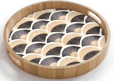 Dienblad rond 40x40 cm - Schootdienblad hout - Waaier - Patroon - Zwart - Beige - Borrelplank rechthoek - Plateau houten dienbladen