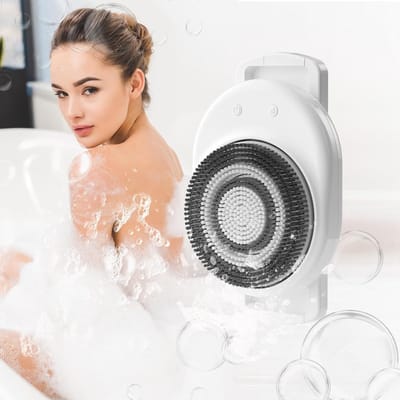 Elektrische lichaamsborstel, aan de muur te bevestigen lichaamsborstel met zachte haren, oplaadbare lichaamsborstel voor reiniging, scrubben en masseren, met een roterende borstelkop voor de huid (afmetingen: 21,6 x 34,5 cm - grote borstelkop)