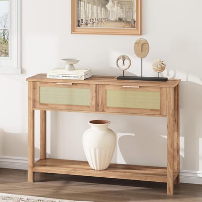 ConsoleTafel, gemaakt van MDF en metaal met 2 lades en een open plank, smalle tafel van natuurlijk rotan, 110x30x79 cm, bruin