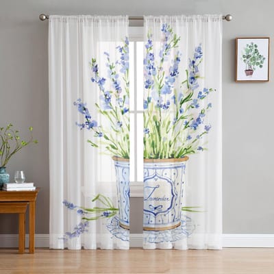 Bloempot Paarse Aquarel Bloemen Tule Gordijnen Voor Woonkamer Keuken Transparant Voile Gordijn Slaapkamer Raampanelen 135W x 114H(cm) white