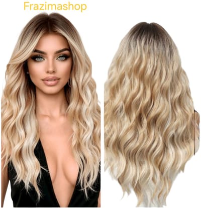 Frazimashop- Damespruik Ombre Gouden Blond – Lang Golvend – 60 cm – Hittebestendige - Non-Lace - wasbaar