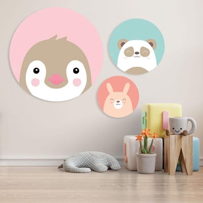 Tizato – Wandcirkels Dieren – Rond 3-Luik – Pinguïn + Panda + Lama – Dibond – 115 x 80 cm