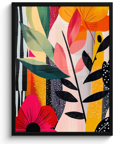 Poster in lijst - Fotolijst 50x70 cm - Posters - Bloemen - Bladeren - Abstract - Kleurrijk - Posterlijst zwart - Decoratie - Wanddecoratie woonkamer - Muurdecoratie slaapkamer