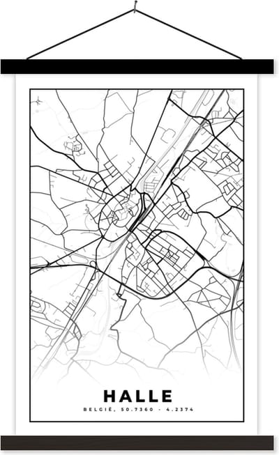 Posterhanger incl. Poster 40x60 cm - Schoolplaat - Stadskaart – Plattegrond – België – Zwart Wit – Halle – Kaart - Textielposter - Zwarte latten - Stadskaart