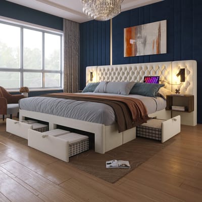 MODFU Bedset Met Nachtkastjes, Laden En Leeslampen - Vintage - Slaapkamer - Fluweel - Beige - 180 X 200 Cm