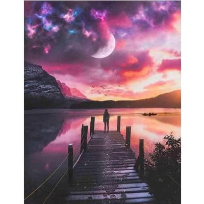 Dimond Painting Zonsondergang Kade Landschap Vol Ronde Diamant Borduurwerk Kruissteek 20X30CM pink