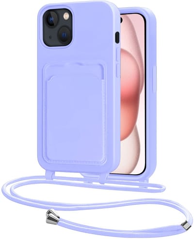 Hoes Geschikt voor iPhone 15 Hoesje Pasjeshouder Cover Met Koord Case Siliconen Hoes Met Telefoonkoord en Kaarthouder - Lila