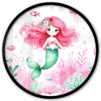 Poster in lijst Rond - Fotolijst 40x40 cm - Posters - Zeemeermin - Roze - Zeedieren - Onderwater - Ronde posterlijst zwart - Decoratie - Wanddecoratie woonkamer - Muurdecoratie slaapkamer