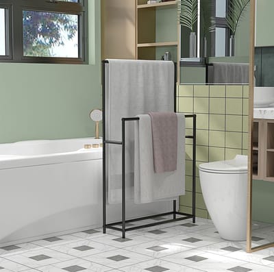 MEUNIQ Vrijstaande handdoekhouder met 2 handdoekstangen, metalen handdoekrek voor badkamer, 66 x 20 x 110 cm, zwart, met anti-slip voeten