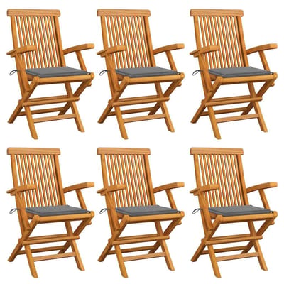 vidaXL - Klapstoelen - met - grijze - kussens, - 6 - stuks, - massief - teakhout