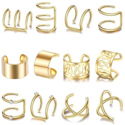 12 stuks Oor manchet oorbellen Mode Eenvoudig Metaal Goud Clip-on Wrap Oorbel Sieradenset voor Dames Heren beige
