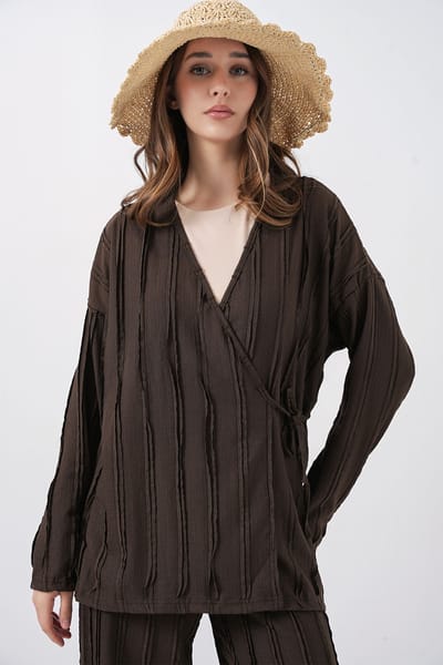 Geverfde V-hals met Strikdetail Kimono & Wijde Broek Set
