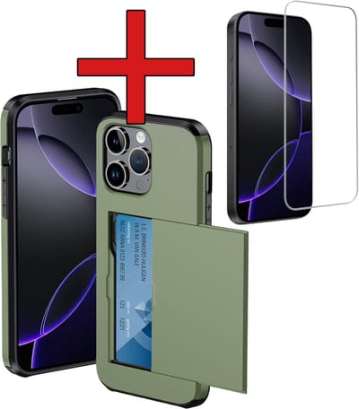 Hoesje Geschikt voor iPhone 16 Pro Hoesje Met Pasjeshouder Hard Case Met Kaarthouder Met Screenprotector - Hoes Geschikt voor iPhone 16 Pro Hoesje Pashouder Case - Donkergroen