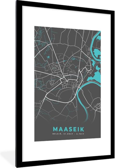 Fotolijst incl. Poster - Plattegrond – Maaseik – Blauw – Stadskaart - Kaart - 60x90 cm - Posterlijst