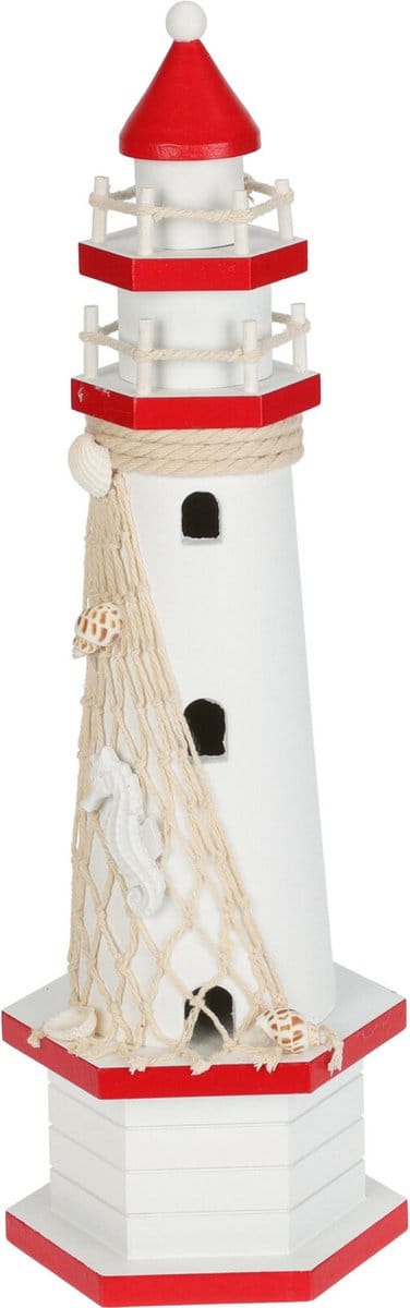 H&S Collection Maritieme decoratie beeldje Vuurtoren - Hout - 10 x 36 cm - rood/wit