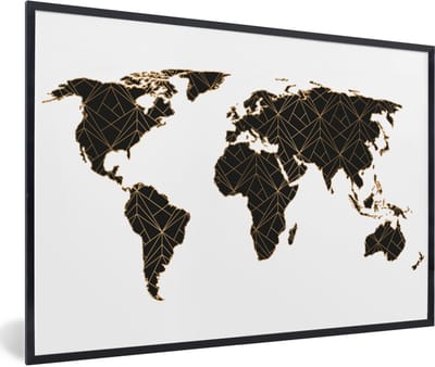 Poster in lijst - Fotolijst 120x80 cm - Posters - Wereldkaart - Zwart - Goud - Kinderen - Jongens - Meisjes - Posterlijst zwart - Decoratie - Wanddecoratie woonkamer - Muurdecoratie slaapkamer