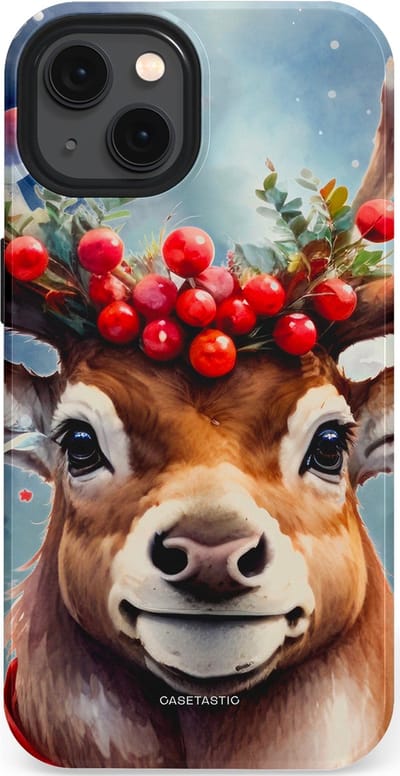 Casetastic hoesje geschikt voor Apple iPhone 13 - MagSafe - Dubbellaagse bescherming - Rudolph het Kerst Rendier - Fashion Case - Zilver Taupe Donkergrijs Perzik