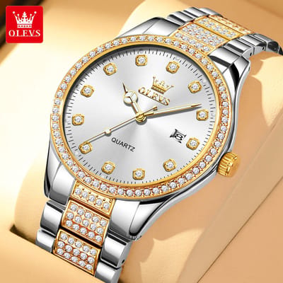 HO-9905.z : Olevs goud-zilverkleurig edelstalen quartz heren horloge, getextureerde schakelband, zilverkleurige wijzerplaat, kalenderdag