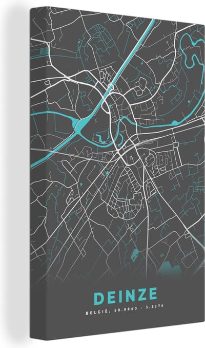 Canvas Schilderij Plattegrond – Deinze – Blauw – Stadskaart - Kaart - 20x30 cm - Wanddecoratie