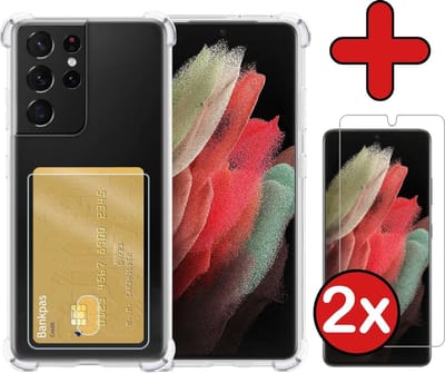 Hoesje - Geschikt voor Samsung Galaxy S21 Ultra - Met 2x Screenprotector - Pashouder - Kaarthouder - Back Cover - Telefoon Hoes Shockproof - Siliconen Case - Shock Proof - Pasjes Houder - Telefoonhoes - Transparant