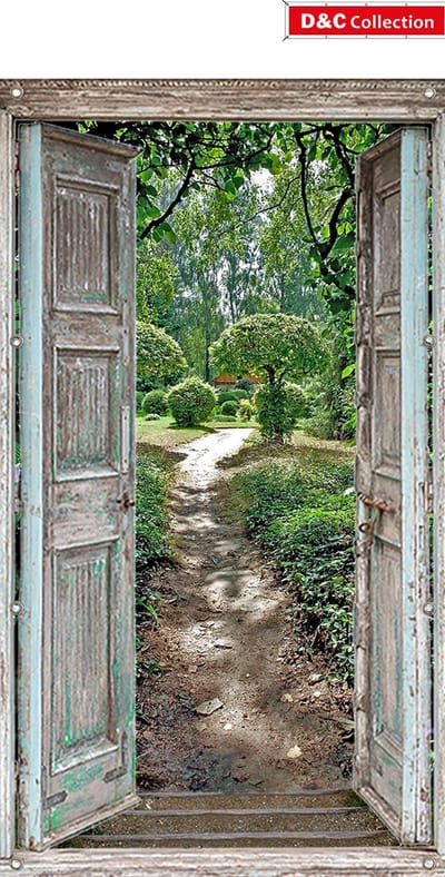 Poster doorkijk voor buiten - tuinposter - doorkijk - 85x170 cm - tuindecoratie voor buiten - openslaande deur park en bomen - tuindoek - schuttingdoek - wanddecoratie - balkon poster