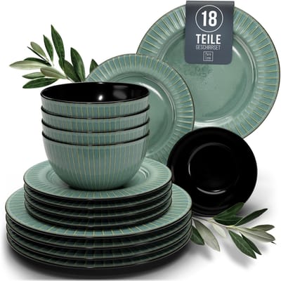 Pure Living Ribbed 18-Delig Serviesset - Groen - Voor 6 Personen - Geribbelde Structuur - Vaatwasserbestendig