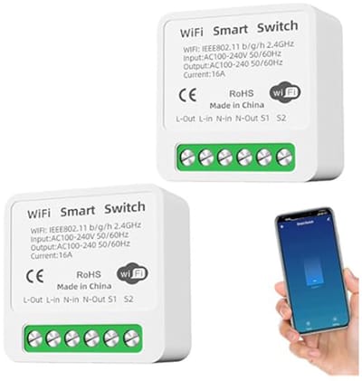 Slimme Lichtschakelaar Module - Set van 2 - WiFi & Bluetooth - 16A Smart Home Relais voor Inbouw - Geschikt voor Alexa & Google Home - Geschikt voor Werkt met Smart Life / Tuya App - Vereist Neutrale Draad - Wit