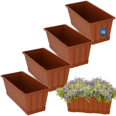 KOTARBAU® 4 st Balkonbak, Bloembak voor Balkon, Kunststof, 40 x 18 x 14 cm, Plantenbak, Terracotta, Plantenbak Balkon, met Schotel, Rechthoekig