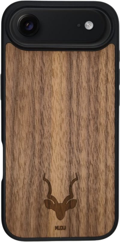 Kudu iPhone 17 Air case - Houten backcover - Handgemaakt en afgewerkt met duurzaam TPU - Walnoot - Zwart