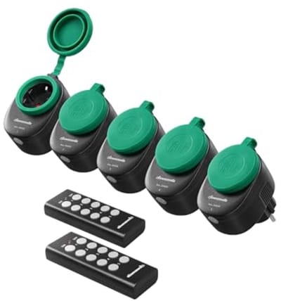 Draadloze stopcontacten met afstandsbediening - 5-delige set, 16A/3680W, IP44 waterdicht, 30m bereik, programmeerbaar, zwart