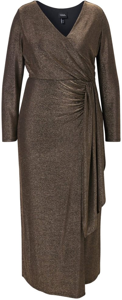 Ulla Popken - Dames - Maxi-jurk glitter wikkellook V-hals lange mouw - Goud - Maat 56