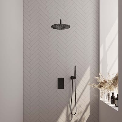 Brauer Black Edition thermostatische inbouw regendouche 3-weg omstelling SET 28 met 30 cm douchekop en gebogen muurarm en staaf handdouche en doucheslang en wandaansluitbocht mat zwart
