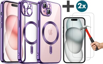 Hoesje met 2 Stuks Screenprotectors Geschikt voor iphone 15 Plus Hoesje - Geschikt voor MagSafe - Arara siliconen Backcover - Paars