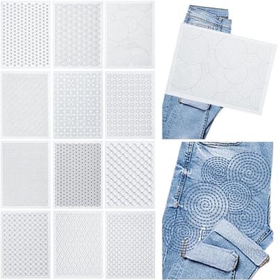 12 Stuks Sashiko Borduurpatroon Wateroplosbare Borduurtransferpatronen Stencils Stick and Stitch Borduurpapier Sashiko Sjabloon voor Hand Quilten en Borduren 29,7×21cm