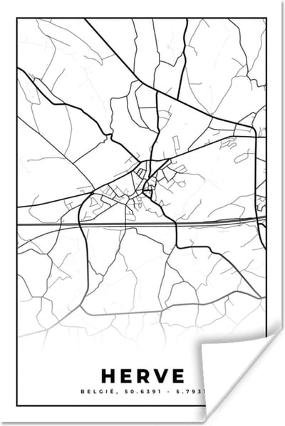 Poster Zwart Wit – België – Plattegrond – Stadskaart – Kaart – Herve - 120x180 cm XXL