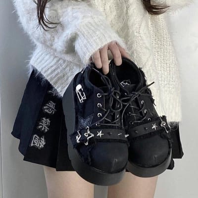 Punk Metalen Ketting Chunky Platform Enkellaarsjes Dames Herfst Y2K Dikke Zool Denim Laarzen Vrouw Zwart Gothic Lolita Schoenen 39 zwart