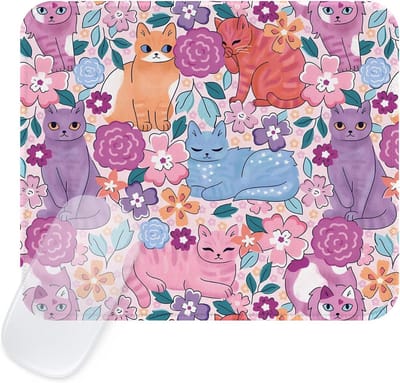 Retro Vierkante Muismat met Bloemen, Schattig Katpatroon en Waterdichte Ondergrond - Antislip Rubber voor Thuis en Kantoor, Boho Stijl
