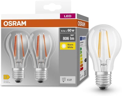 Osram BASE CLASSIC A FIL 60 LED-lamp met E27-fitting, klassieke lampvorm, dubbelverpakking, 6,5 W, 806 lm, 2700 K, warm wit licht, lage warmteontwikkeling, lange levensduur, laag energieverbruik