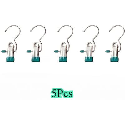 5 STuks Roestvrij Staal Wasknijpers Kledingknijpers Met Haak Broekhanger Draagbare Ophangclips Kledingorganizer voor Kast groen