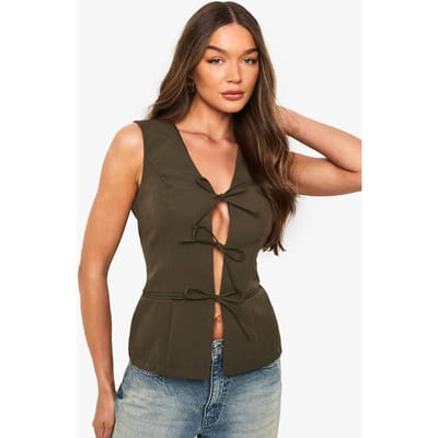 boohoo Dames Op maat gemaakte gilet met strikdetail aan de voorkant | Olijf | Maat: 36