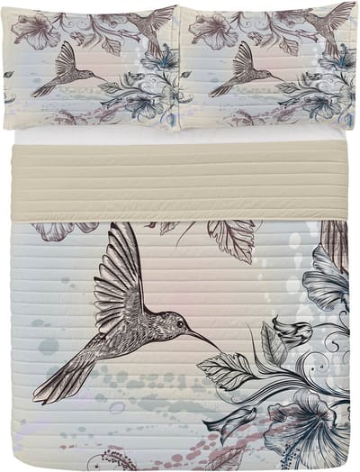 ABAKUHAUS Hummingbird Microfiber Bedspreiset, Birds Hibiscusbloemen, Zacht beddengoed met kussenslopen en quilt, 264 cm x 220 cm, Teal Brown