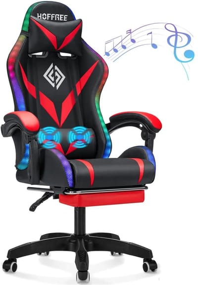 Hoffree Gaming Stoel met RGB-verlichting, Bluetooth Speakers, Massagefunctie en Voetsteun – Ergonomische Bureaustoel Verstelbaar 90°-135° – Rood/Zwart – Belastbaar tot 160 kg