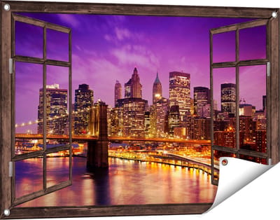 Gards Tuinposter Doorkijk Skyline New York van Centrum in het Paars - 90x60 cm - Tuindoek - Tuindecoratie - Wanddecoratie buiten - Tuinschilderij
