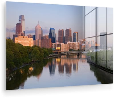 ® Glasschilderij 180x120 cm - Schilderij acrylglas - Philadelphia - Skyline - Water - Foto op glas - Muurdecoratie woonkamer - Wanddecoratie slaapkamer - Schilderijen