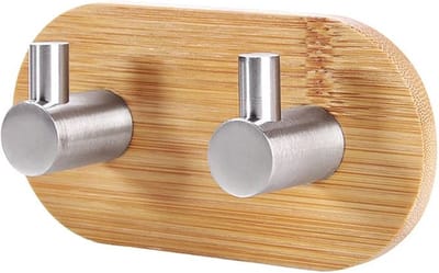 DWIH® - Zelfklevende dubbele Haak van Bamboe en zwart staal - Ophanghaken - Zelfklevend - Handdoekhaakjes - Badkamer - Bamboo - RVS