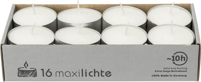 Enlightening Candles Waxinelichtjes - maxi - 16x - wit - 10 branduren - Geurloze kaarsen - Nightlights kaarsjes - Extra lange brandduur/brandtijd
