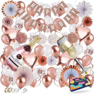 Fissaly 76 Stuks Rosé Gouden Champagne Versiering – Feest Decoratie – Geslaagd Feestpakket - Slingers, Ballonnen & Accessoires